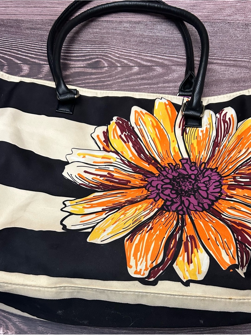 Source Unknown Black and Cream Striped Tote with Orange Floral Accent
